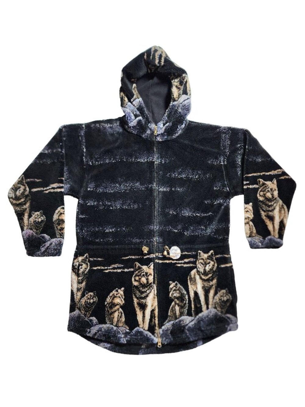 Vintage Natural Reflections Wolf Pack Full Moon Fleece Sherpa Hooded Jacket Larg